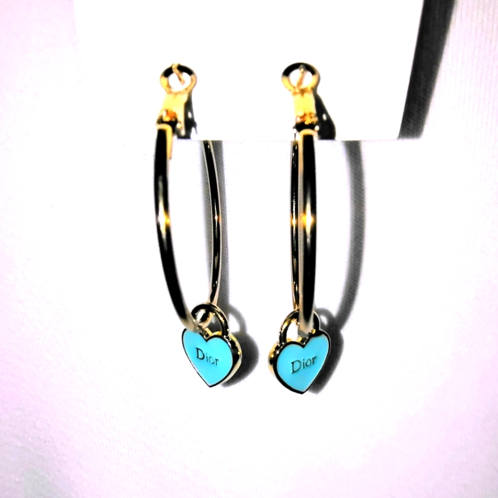 Dior Blue Heart Zipper Pull Pendants/14k Gold Plated Hoops - Picture 5 of 5